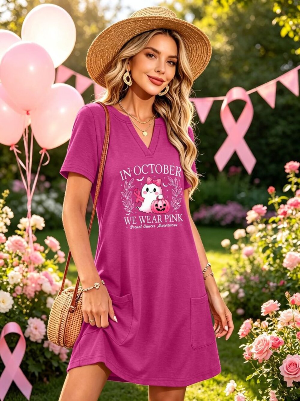 🎃Women's Pink Halloween Sundress A-Line V Neck Party Wear Pockets Casual Dress - Picture 2 of 6